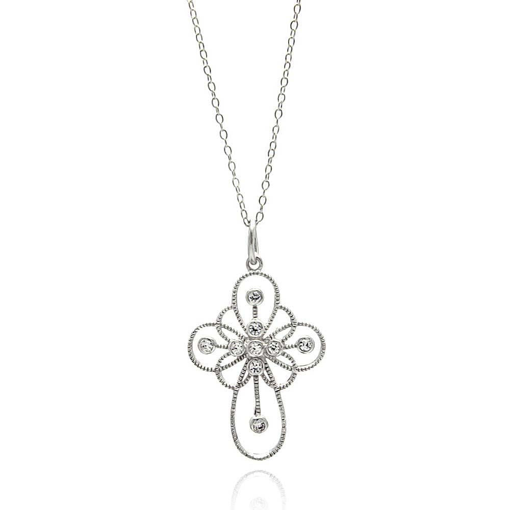 Sterling Silver Necklace with Stylish Cut-Out Cross Inlaid with Clear Czs PendantAnd Chain Length of 16  AdjustableAnd Pendant Dimensions: 30.7MMx20.3MM