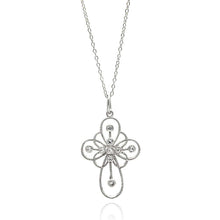 Load image into Gallery viewer, Sterling Silver Necklace with Stylish Cut-Out Cross Inlaid with Clear Czs PendantAnd Chain Length of 16  AdjustableAnd Pendant Dimensions: 30.7MMx20.3MM