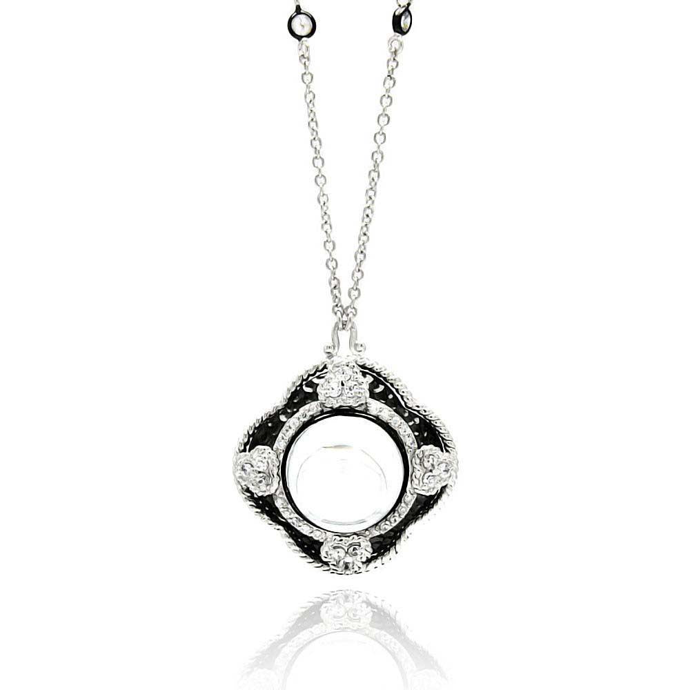 Sterling Silver Necklace with Fancy Black Rhodium Plated Flower Shaped Inlaid with Clear Cz and Centered White Stone PendantAnd Pendant Diameter of 22.4MMAnd Stone Size: 8.9MM