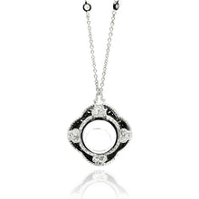 Load image into Gallery viewer, Sterling Silver Necklace with Fancy Black Rhodium Plated Flower Shaped Inlaid with Clear Cz and Centered White Stone PendantAnd Pendant Diameter of 22.4MMAnd Stone Size: 8.9MM