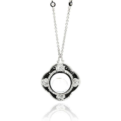 Sterling Silver Necklace with Fancy Black Rhodium Plated Flower Shaped Inlaid with Clear Cz and Centered White Stone PendantAnd Pendant Diameter of 22.4MMAnd Stone Size: 8.9MM