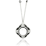 Sterling Silver Necklace with Fancy Black Rhodium Plated Flower Shaped Inlaid with Clear Cz and Centered White Stone PendantAnd Pendant Diameter of 22.4MMAnd Stone Size: 8.9MM