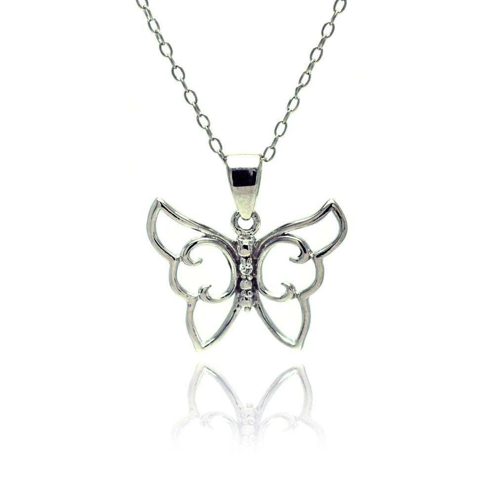 Sterling Silver Necklace with Trendy High Polished Open Butterfly with Centered Clear Czs PendantAnd Chain Length of 16 -18  Adjustable