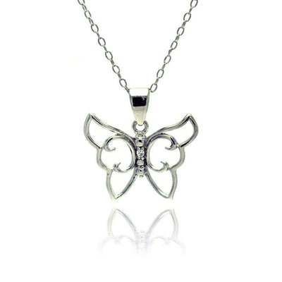Sterling Silver Necklace with Trendy High Polished Open Butterfly with Centered Clear Czs PendantAnd Chain Length of 16 -18  Adjustable