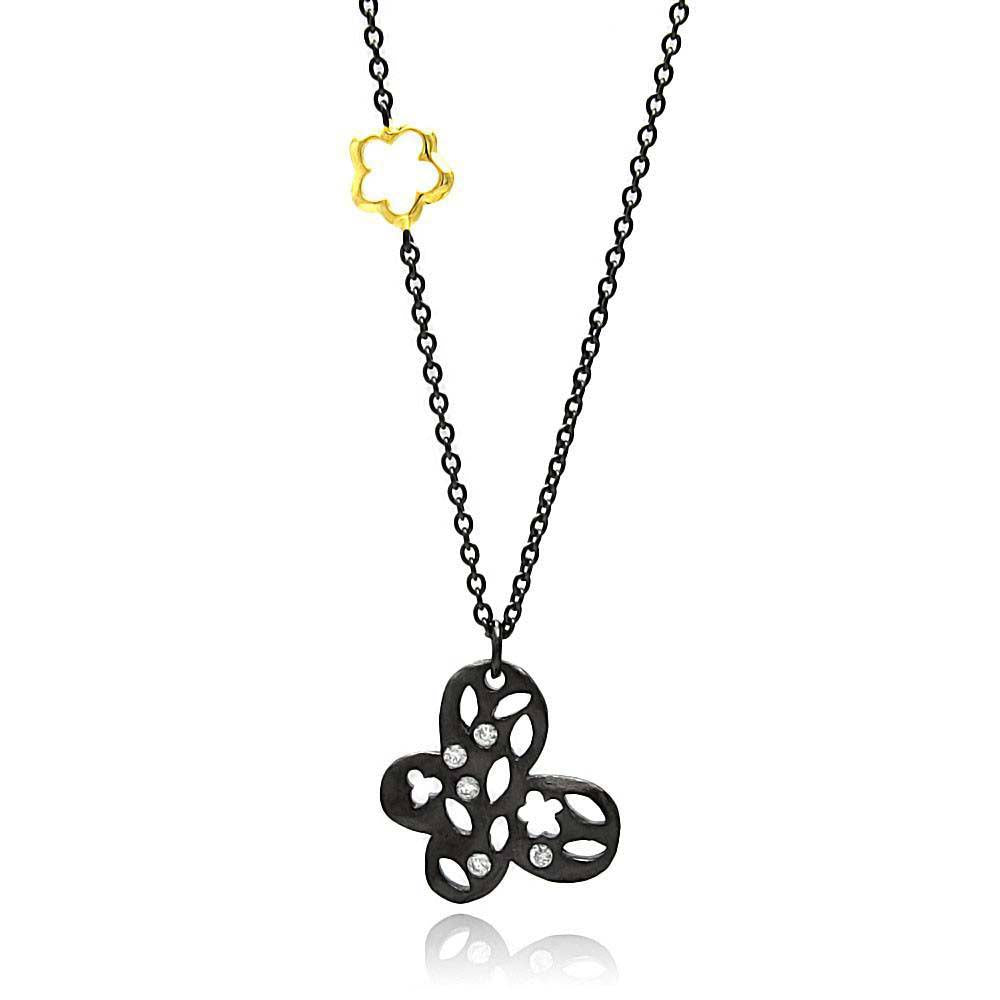 Sterling Silver Black Rhodium Plated Necklace with Gold Plated Flower Connector and Fancy Butterfly Inlaid with Clear Czs PendantAnd Chain Length of 16 -18  AdjustableAnd Pendant Dimensions: 20MMx20MM