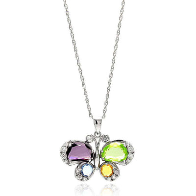Sterling Silver Necklace with Fashion Butterfly Inlaid with Multi-Color Czs PendantAnd Chain Length of 16 -18  AdjustableAnd Pendant Dimensions: 16MMx25MM