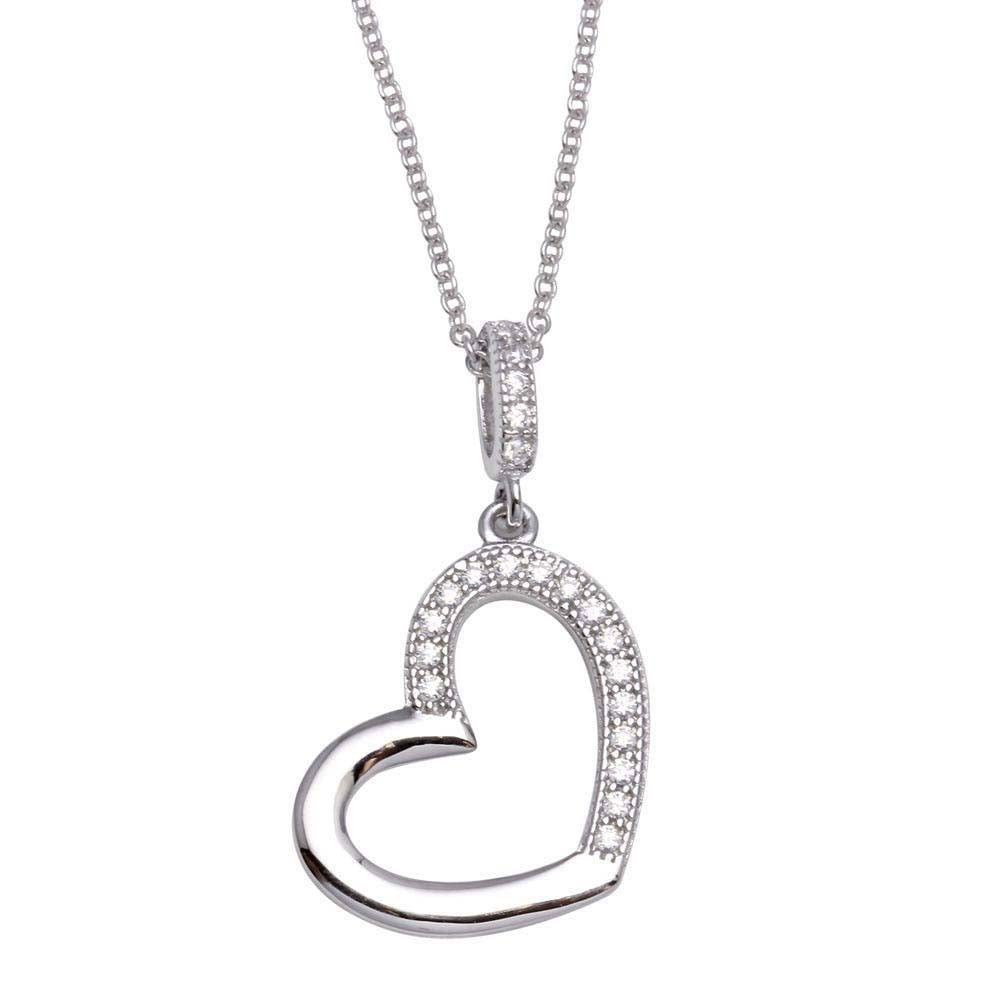 Sterling Silver Necklace with Sideways Open Heart Inlaid with Clear Czs PendantAnd Chain Length of 16 -18  AdjustableAnd Pendant Dimensions: 21MMx14MM