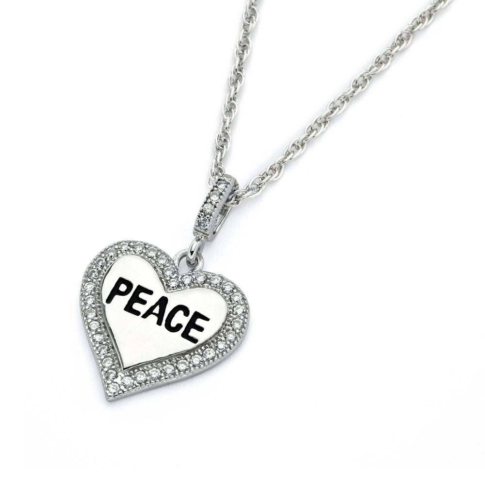 Sterling Silver Necklace with High Polished Heart Pendant with  PEACE  Engraved and Inlaid with Clear Czs EdgeAnd Pendant Dimensions of 28MMx14MM