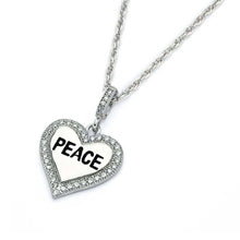 Load image into Gallery viewer, Sterling Silver Necklace with High Polished Heart Pendant with  PEACE  Engraved and Inlaid with Clear Czs EdgeAnd Pendant Dimensions of 28MMx14MM