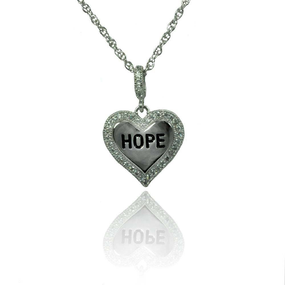 Sterling Silver Necklace with High Polished Heart Pendant with  HOPE  Engraved and Inlaid with Clear Czs EdgeAnd Pendant Dimensions of 18MMx13MM