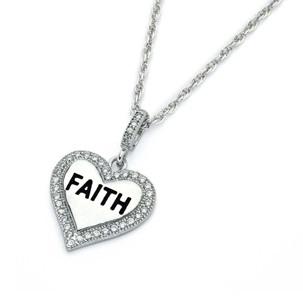 Sterling Silver Necklace with High Polished Heart Pendant with  FAITH  Engraved and Inlaid with Clear Czs EdgeAnd Pendant Dimensions of 21MMx15MM