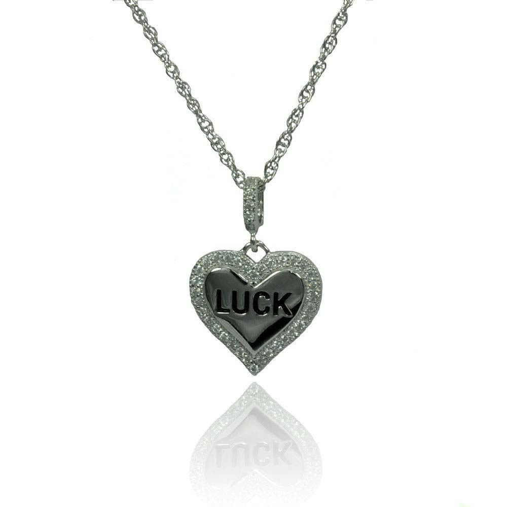 Sterling Silver Necklace with High Polished Heart Pendant with  LUCK  Engraved and Inlaid with Clear Czs EdgeAnd Pendant Dimensions of 18MMx13MM