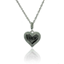 Load image into Gallery viewer, Sterling Silver Necklace with High Polished Heart Pendant with  LUCK  Engraved and Inlaid with Clear Czs EdgeAnd Pendant Dimensions of 18MMx13MM