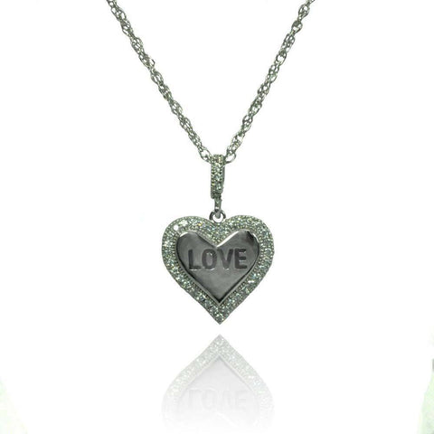 Sterling Silver Necklace with High Polished Heart Pendant with  LOVE  Engraved and Inlaid with Clear Czs EdgeAnd Pendant Dimensions of 18MMx13MM