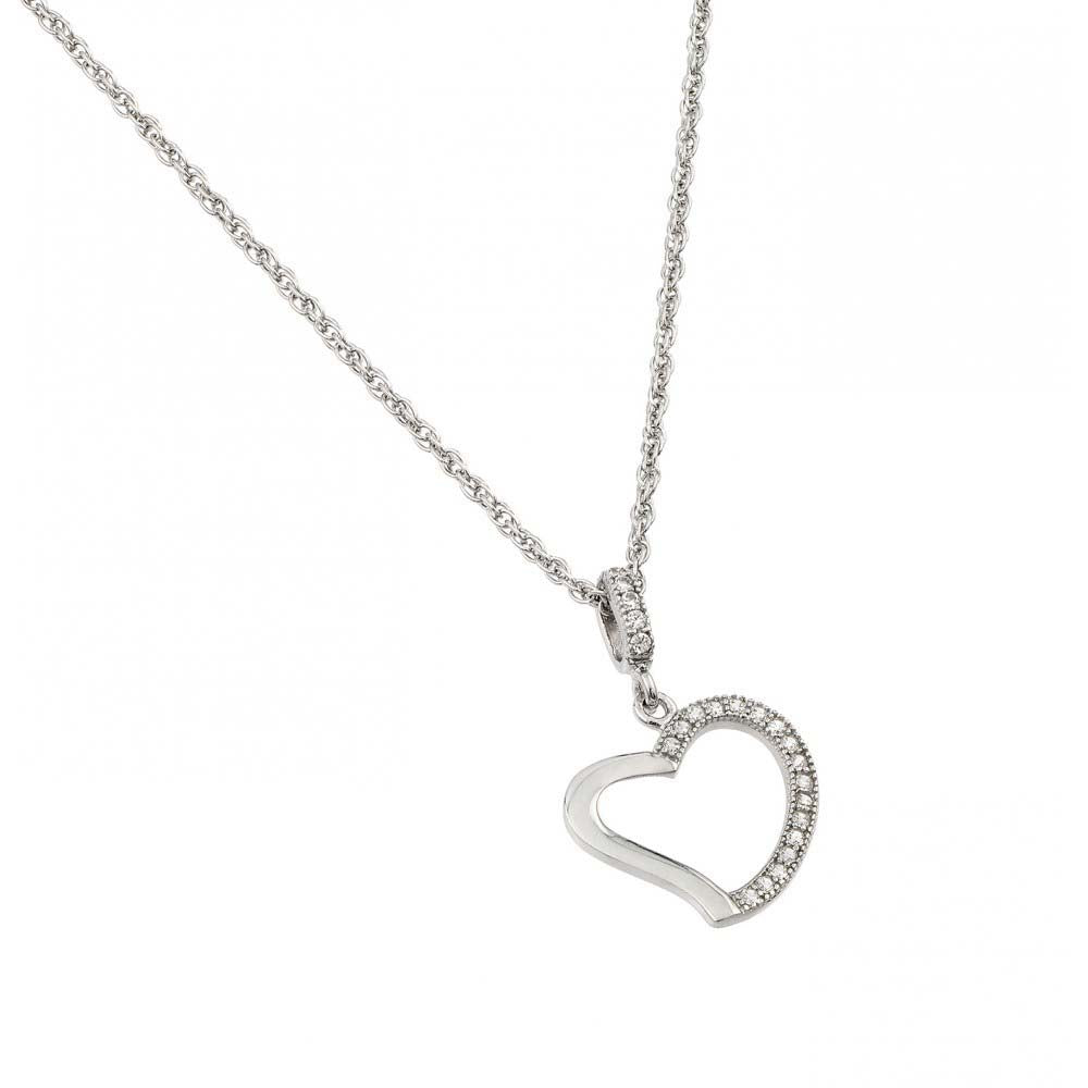 Sterling Silver Rhodium Plated Clear CZ Heart Pendant Necklace