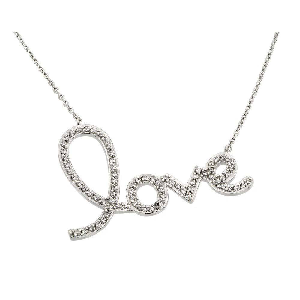 Sterling Silver Necklace with Word Paved Czs  love  PendantAnd Chain Length of 16 -18  AdjustableAnd Pendant Dimensions: 22.2MMx31.6MM