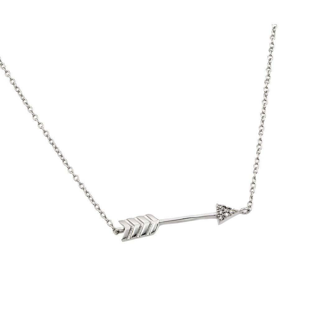 High Polished Sterling Silver Rhodium Plated Arrow Necklace with Small Round CZ StonesAnd Chain Length of 16  Plus 2  Extension