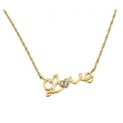 Sterling Silver Gold Plated Necklace with Word  Love  Inlaid with Clear Czs PendantAnd Chain Length of 16  with 2  ExtensionAnd Pendant Dimensions: 26.2MMx11.5MM