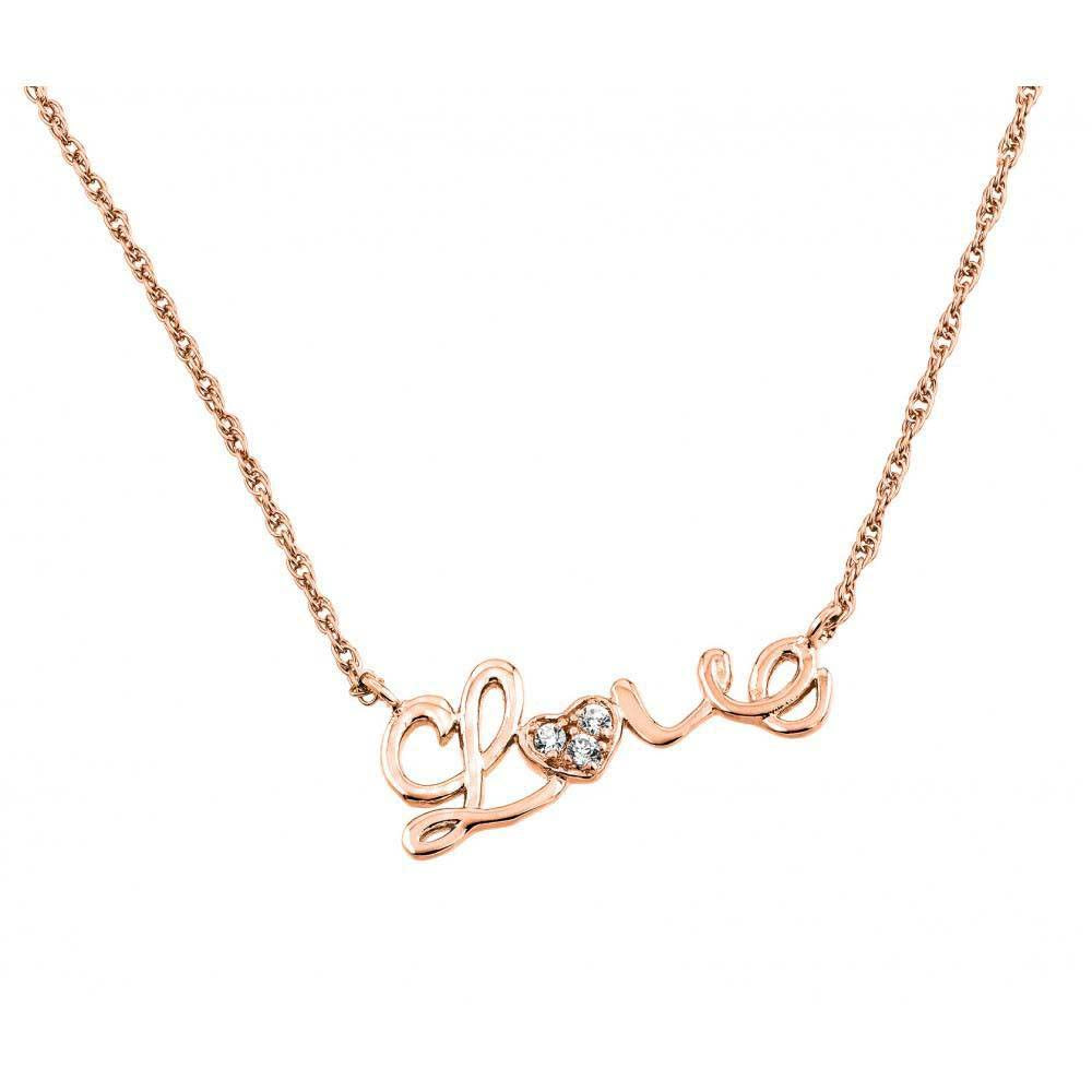 Sterling Silver Rose Gold Plated Necklace with Word  Love  Inlaid with Clear Czs PendantAnd Chain Length of 16  with 2  ExtensionAnd Pendant Dimensions: 26.2MMx11.5MM