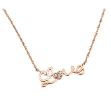 Load image into Gallery viewer, Sterling Silver Rose Gold Plated Necklace with Word  Love  Inlaid with Clear Czs PendantAnd Chain Length of 16  with 2  ExtensionAnd Pendant Dimensions: 26.2MMx11.5MM