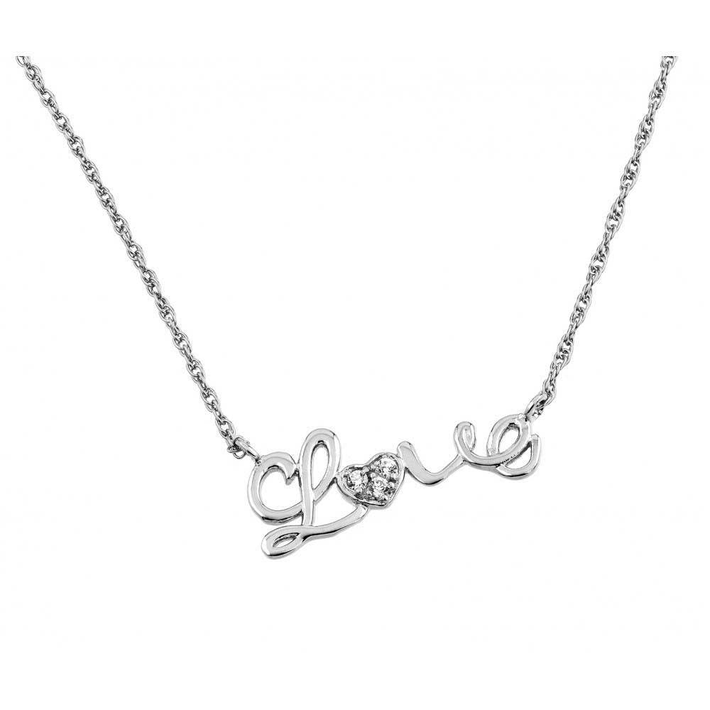 Sterling Silver Rhodium Plated Clear CZ Love Pendant Necklace