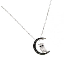 Load image into Gallery viewer, Sterling Silver Necklace with Black Plated Paved Black Czs Moon and Owl PendantAnd Chain Length of 18  AdjustableAnd Pendant Dimensions: 16.9MMx14.2MM