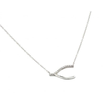 Sterling Silver Necklace with Sideways Wishbone Inlaid with Clear Czs PendantAnd Chain Length of 18  AdjustableAnd Pendant Dimensions: 11.8MMx19.5MM