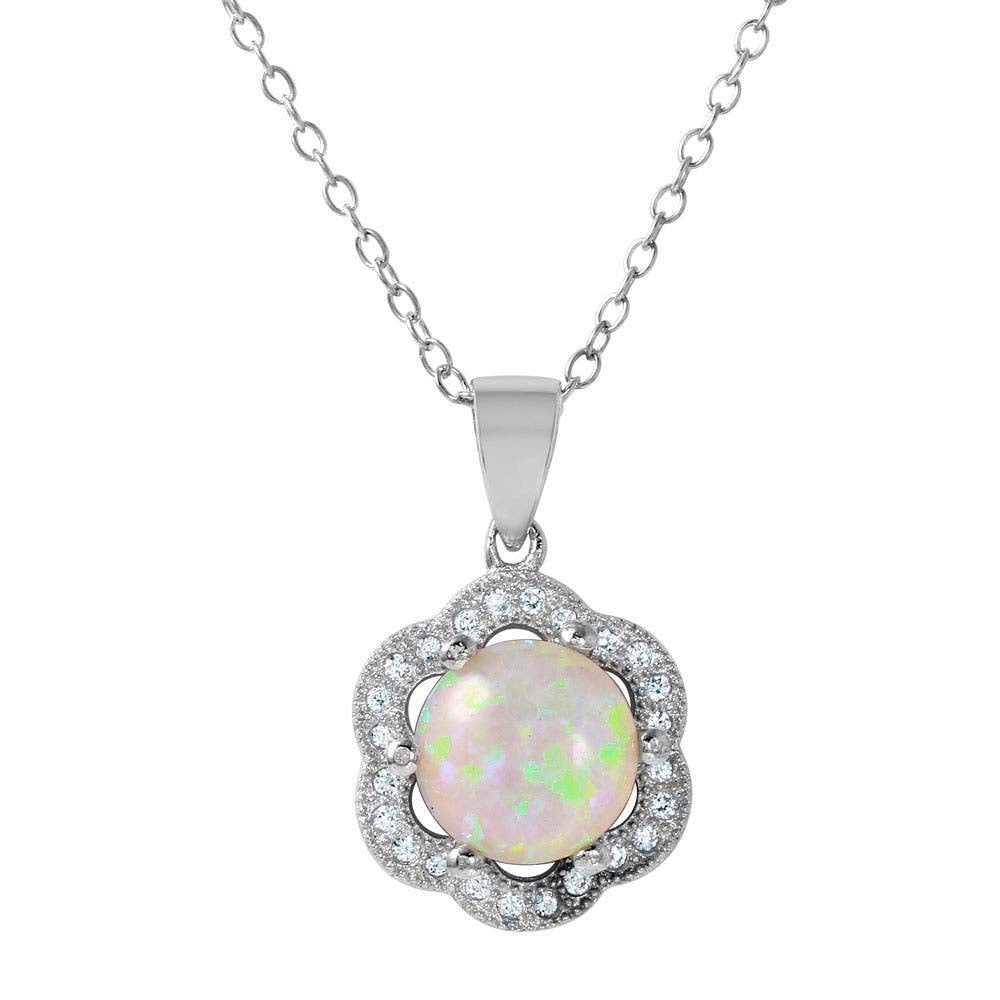 Sterling Silver Rhodium Plated Open Flower Necklace Paved with Clear CZ Stones and Round Synthetic Opal StoneAnd Chain Length of 16  Plus 2  Extension