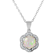 Load image into Gallery viewer, Sterling Silver Rhodium Plated Open Flower Necklace Paved with Clear CZ Stones and Round Synthetic Opal StoneAnd Chain Length of 16  Plus 2  Extension