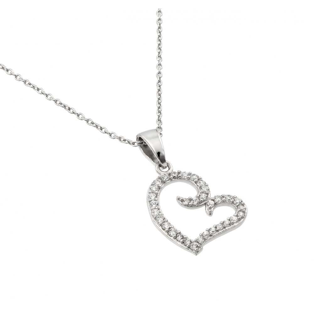 Sterling Silver Rhodium Plated Clear CZ Heart Pendant Necklace