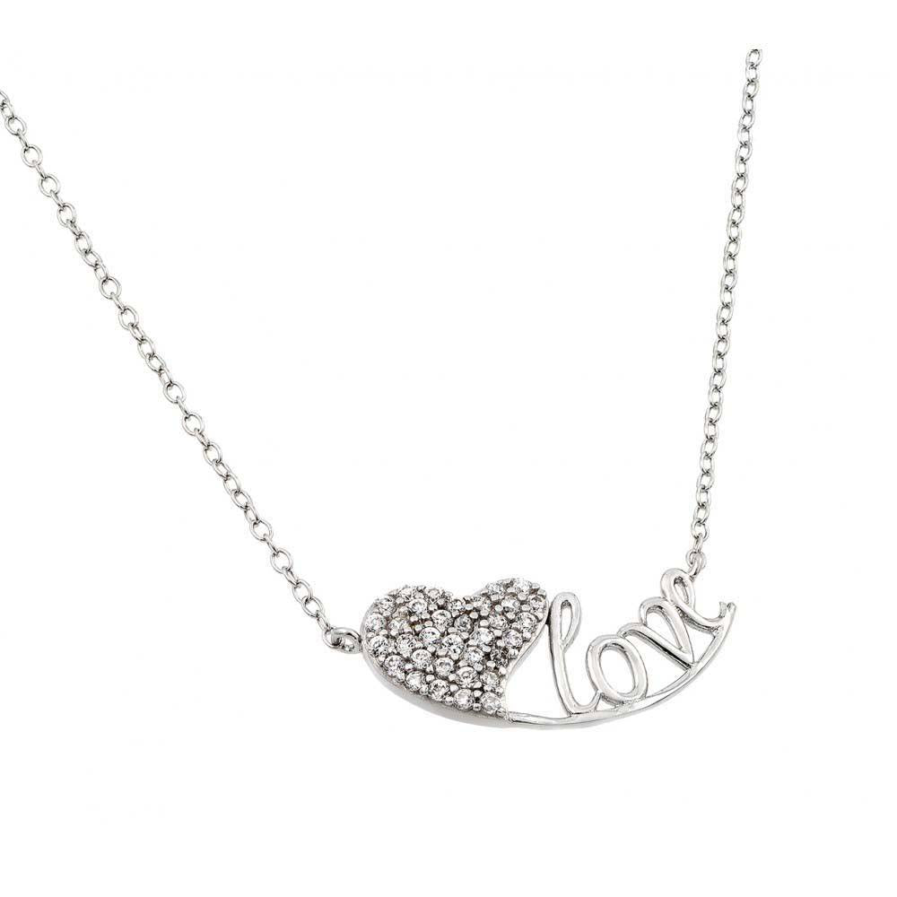 Sterling Silver Rhodium Plated Clear CZ Heart Love Necklace