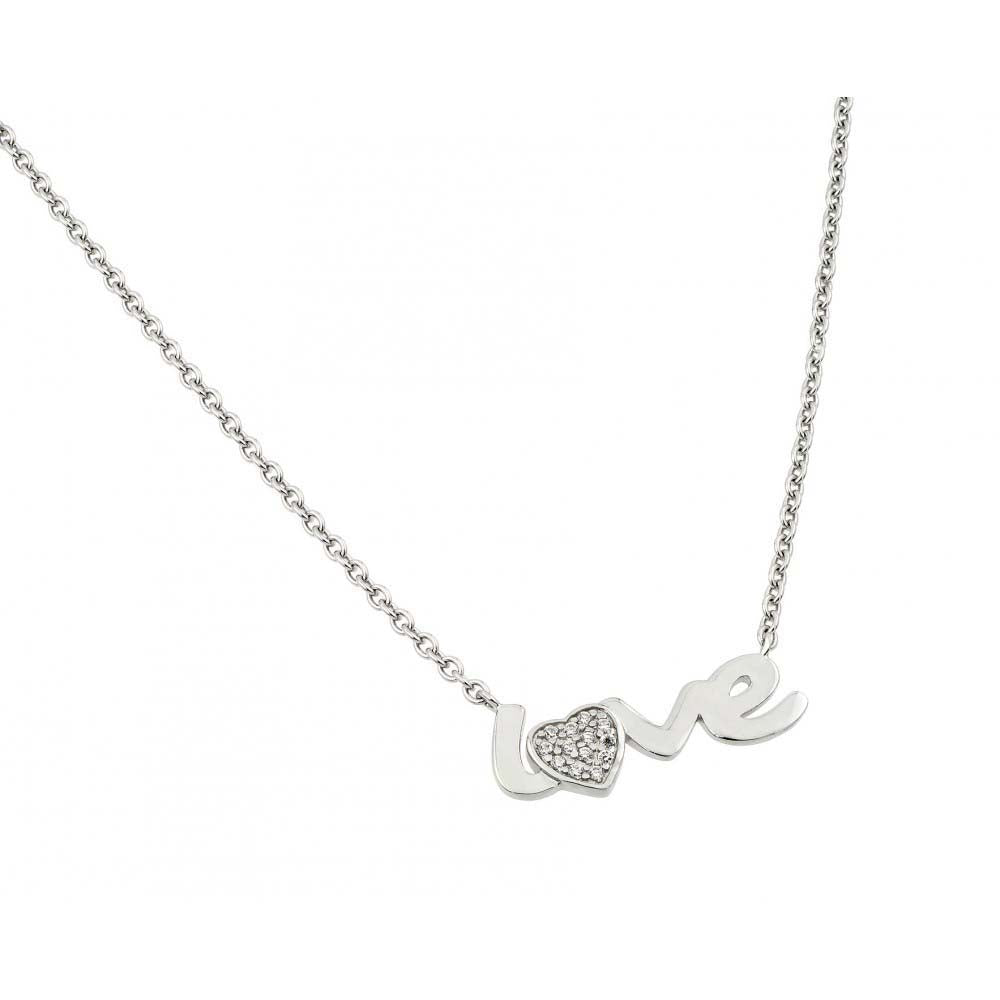 Sterling Silver Rhodium Plated Clear CZ Love Necklace