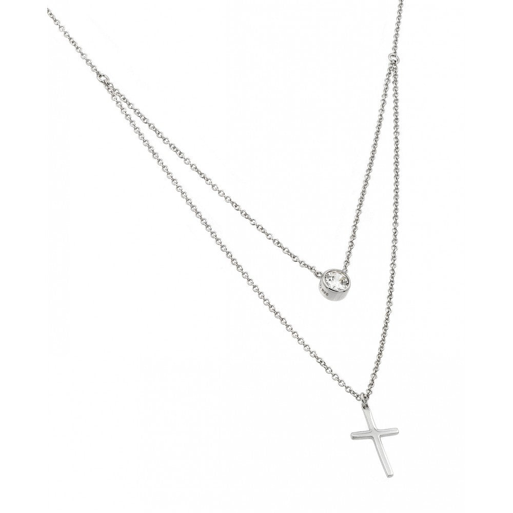 Sterling Silver Rhodium Plated Clear CZ Cross Pendant Necklace