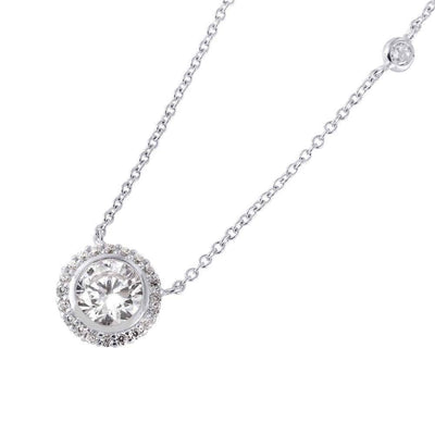 Sterling Silver Nickel Free Rhodium Plated Round Cut CZ Stone Necklace with Clear Small CZ Stones OutlineAnd Lobster Claw ClaspAnd and Chain Length of 16   2  Extension