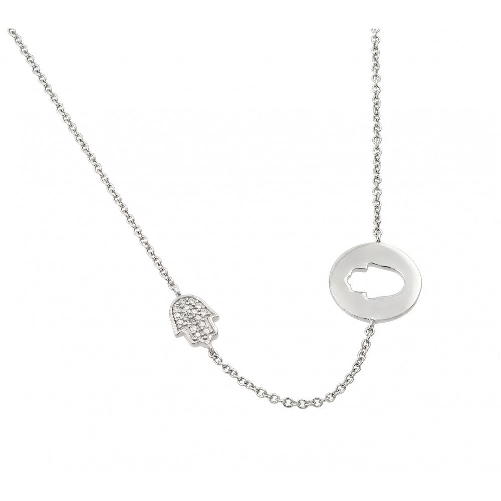 Sterling Silver Rhodium Plated Clear CZ Hand Cutout Pendant Necklace