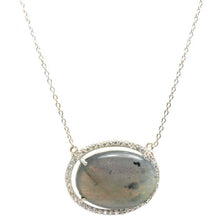 Load image into Gallery viewer, Sterling Silver Nickel Free Rhodium Plated Oval Labradorite Necklace with Clear CZ Stones Outline