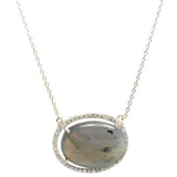Sterling Silver Nickel Free Rhodium Plated Oval Labradorite Necklace with Clear CZ Stones Outline