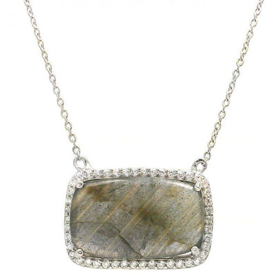 Sterling Silver Nickel Free Rhodium Plated Labradorite Necklace with Clear CZ Stones Outline