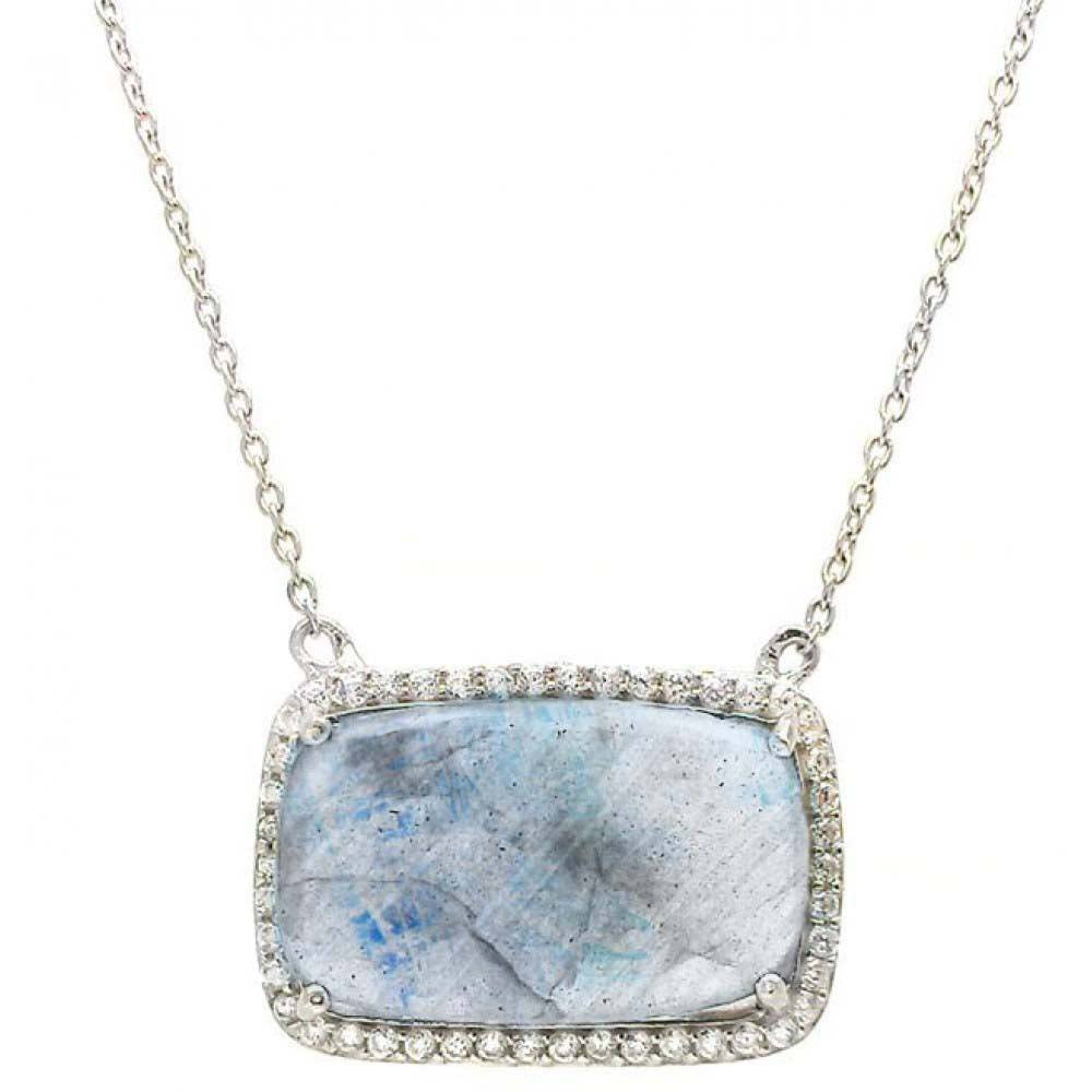 Sterling Silver Nickel Free Rhodium Plated Moonstone Necklace with Clear CZ Stones Outline