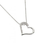 Sterling Silver Rhodium Plated Clear CZ Slanted Heart Pendant Necklace