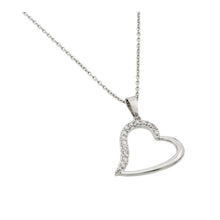 Load image into Gallery viewer, Sterling Silver Rhodium Plated Clear CZ Slanted Heart Pendant Necklace