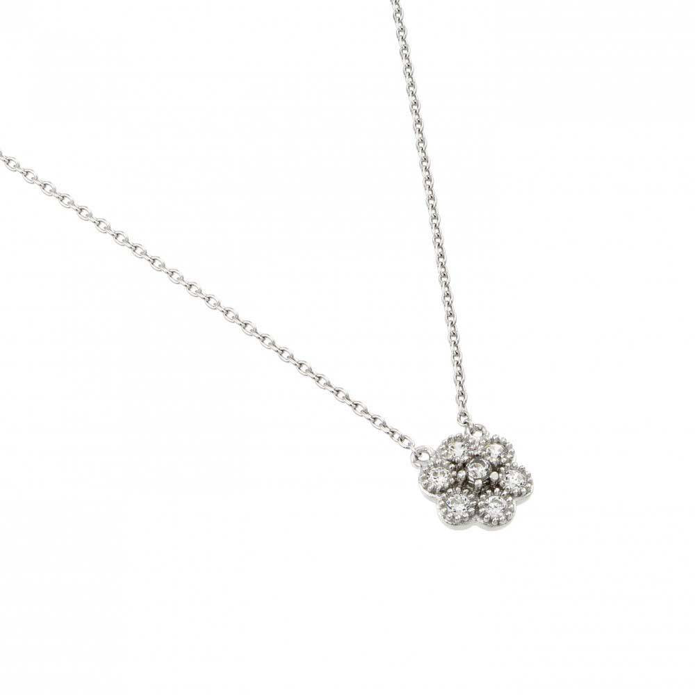 Sterling Silver Rhodium Plated Flower Necklace  with Round Clear CZ StonesAnd and Chain Length of 16  Plus 2  Extension