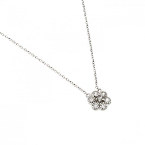 Sterling Silver Rhodium Plated Flower Necklace  with Round Clear CZ StonesAnd and Chain Length of 16  Plus 2  Extension