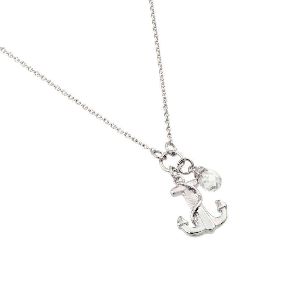 High Polished Sterling Silver Rhodium Plated Anchor Necklace with Round Clear CZ BallAnd Chain Length of 16  Plus 2  Extension