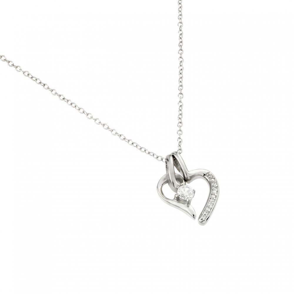 Sterling Silver Rhodium Plated Clear CZ Heart Pendant Necklace