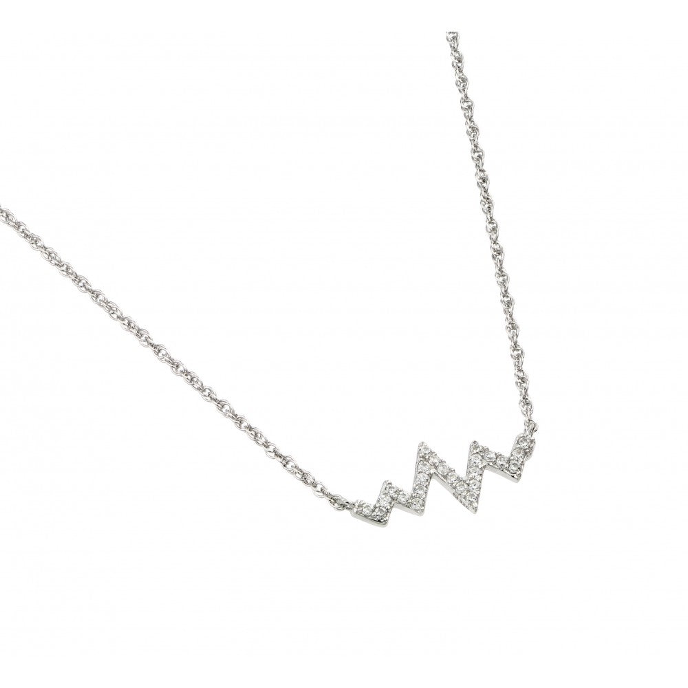 Sterling Silver Rhodium Plated Clear CZ Zigzag Heartbeat Pendant Necklace