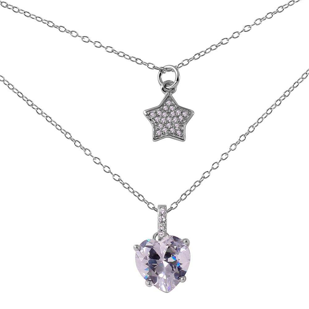 Sterling Silver Fancy Double Strand Necklace with Pave Star and Solitaire Heart Cut Clear Cz Stone PendantAnd Length of 16  with 2  extension