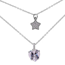 Load image into Gallery viewer, Sterling Silver Fancy Double Strand Necklace with Pave Star and Solitaire Heart Cut Clear Cz Stone PendantAnd Length of 16  with 2  extension