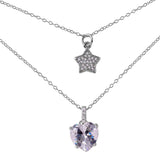 Sterling Silver Fancy Double Strand Necklace with Pave Star and Solitaire Heart Cut Clear Cz Stone PendantAnd Length of 16  with 2  extension