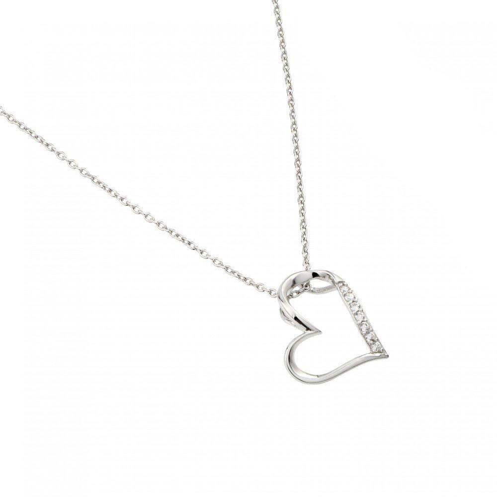 High Polished Sterling Silver Rhodium Plated Slanted Heart Necklace with Small Round CZ StonesAnd Chain Length of 16  Plus 2  Extension